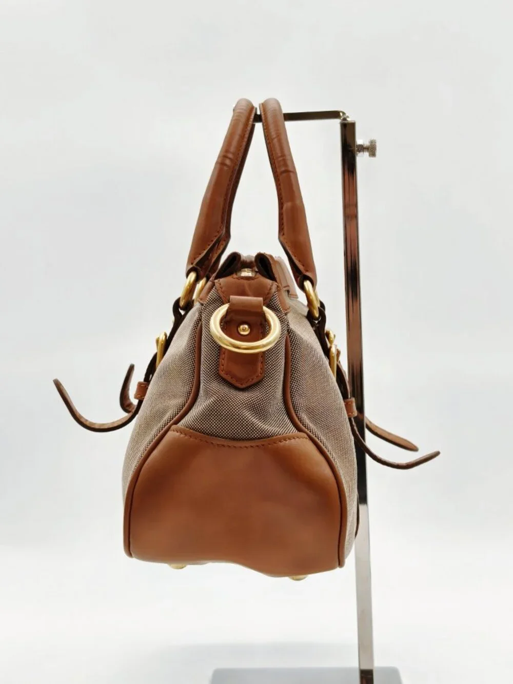 Prada Canapa Canvas Leather Satchel Handbag Brown Logo Top Handle Bag